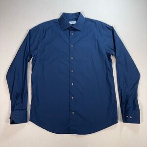 Eton Poplin Dress Shirt Men's 41-16 Navy Slim Fit‎ 100% Cotton Button Up *FLAW*